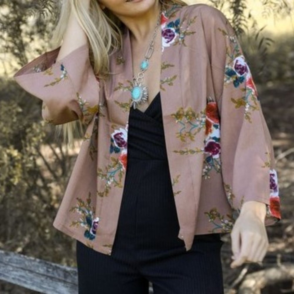 Mocha Lush Rose Kimono Cardigan